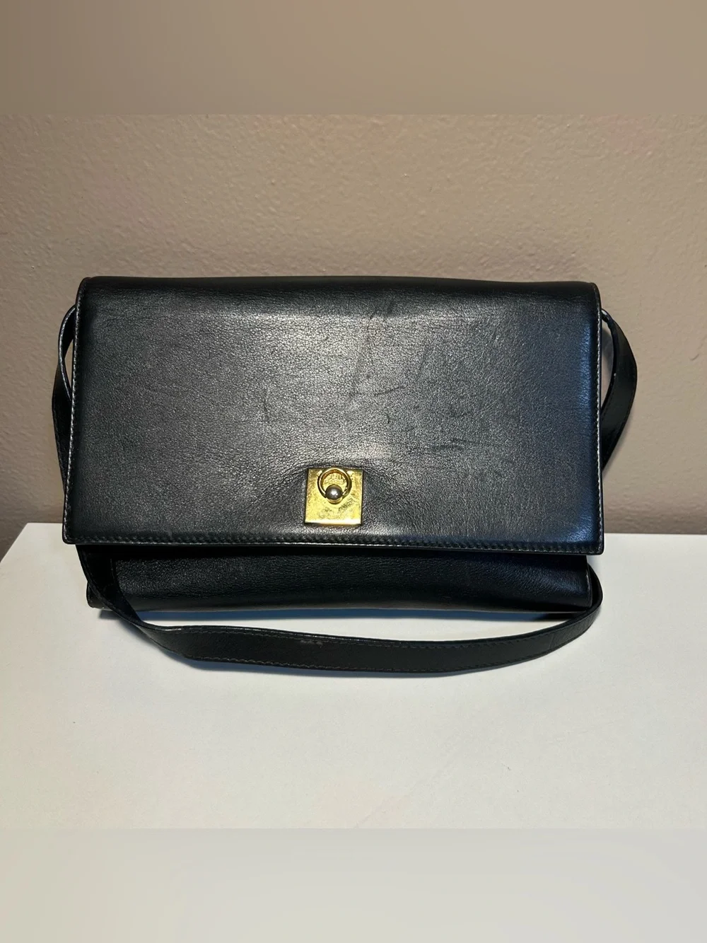 Celine Vintage Black  Box Calf Leather Shoulder Bag Convertible Clutch